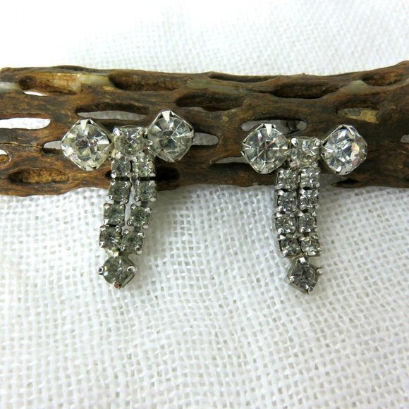 Vintage Screw Back Earrings Crystal Rhinestone Dangle Bowtie Ribbon Unmarked - Picture 10 of 12